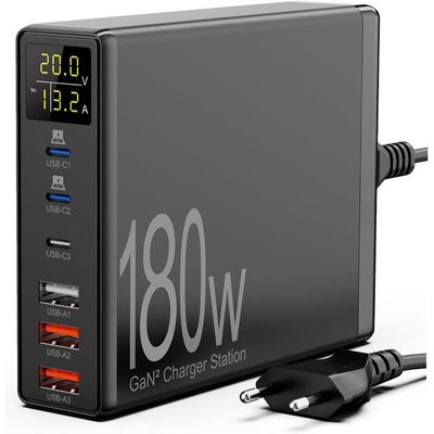 180W USB-C 氮化镓快充站 · LCD · 6 口（3C+3A）