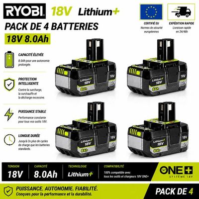 Ryobi ONE+ 18V 8.0Ah 锂电池 · 4 只装