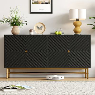 高光四门餐边柜 160×40×82 cm · 拉丝金把手 · 黑色