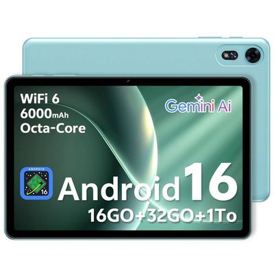 Android 16 平板 10 英寸 · 蓝色 EVA 壳 · 家长控制 · 16GB(4+12)/32GB 可扩 1TB · Wi-Fi 6 · 6000mAh